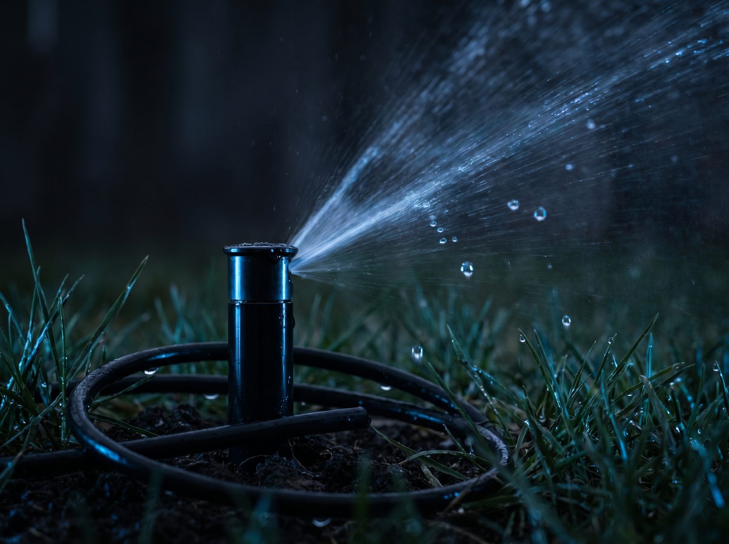 Irrigatore a scomparsa che spruzza acqua su un prato al crepuscolo
